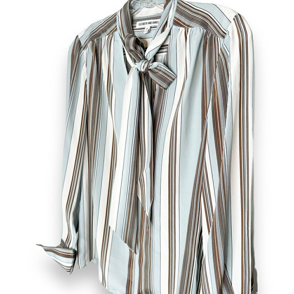 Elizabeth & James Mimi Tie Neck Stripe Silk Blouse In Dust Multi Women’s Size XS - Picture 5 of 11